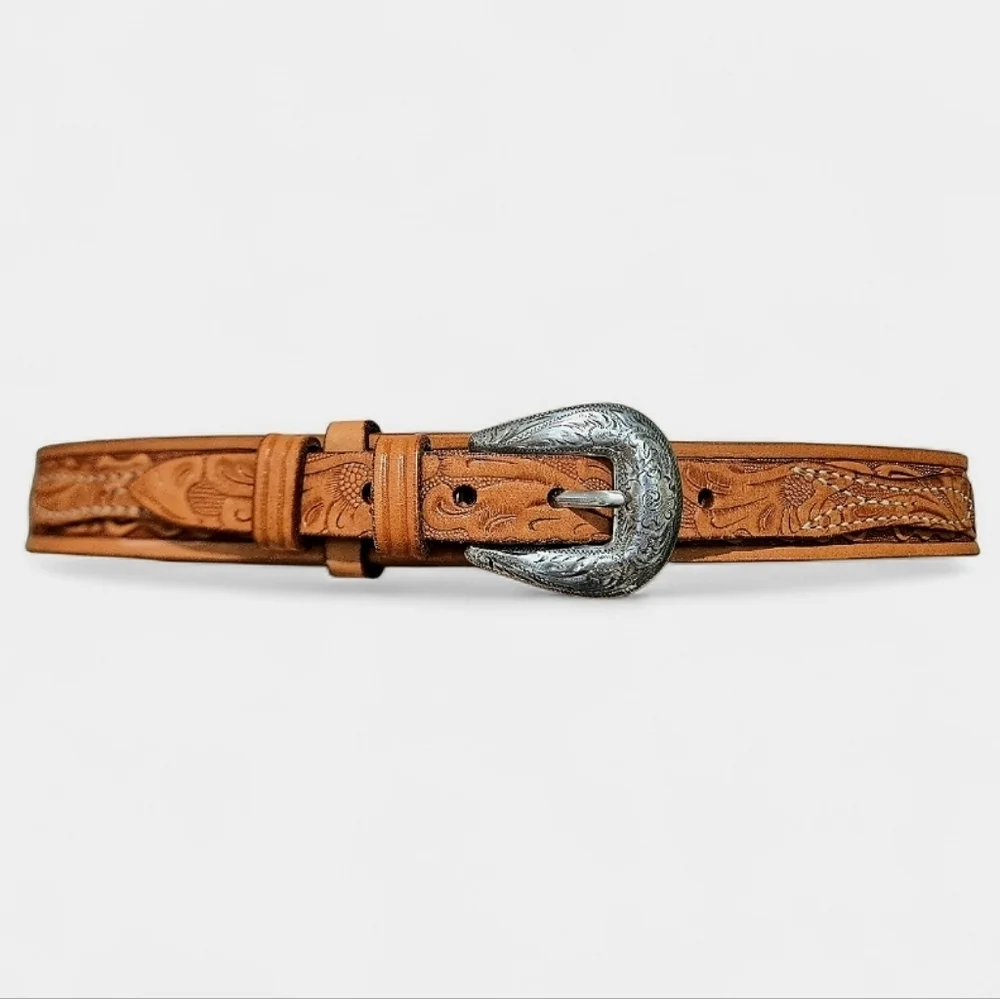 Vintage Looper Tooled Leather Western Belt Brown Engraved Buckle Size 34 Unisex.